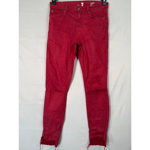 7 For All Mankind Denim - 7 For All Mankind Ankle Gwen Red Skinny Jeans Raw Frayed Step Hem Size 27‎